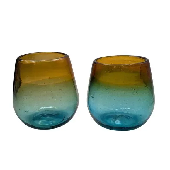 Ombre Hand Blown Amber Blue Green Glass Tumbler Set of Two - Picture 9 of 9